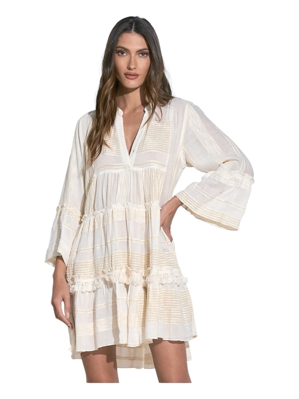 Elan off white & metallic gold tiered bell sleeve mini dress size M NWT